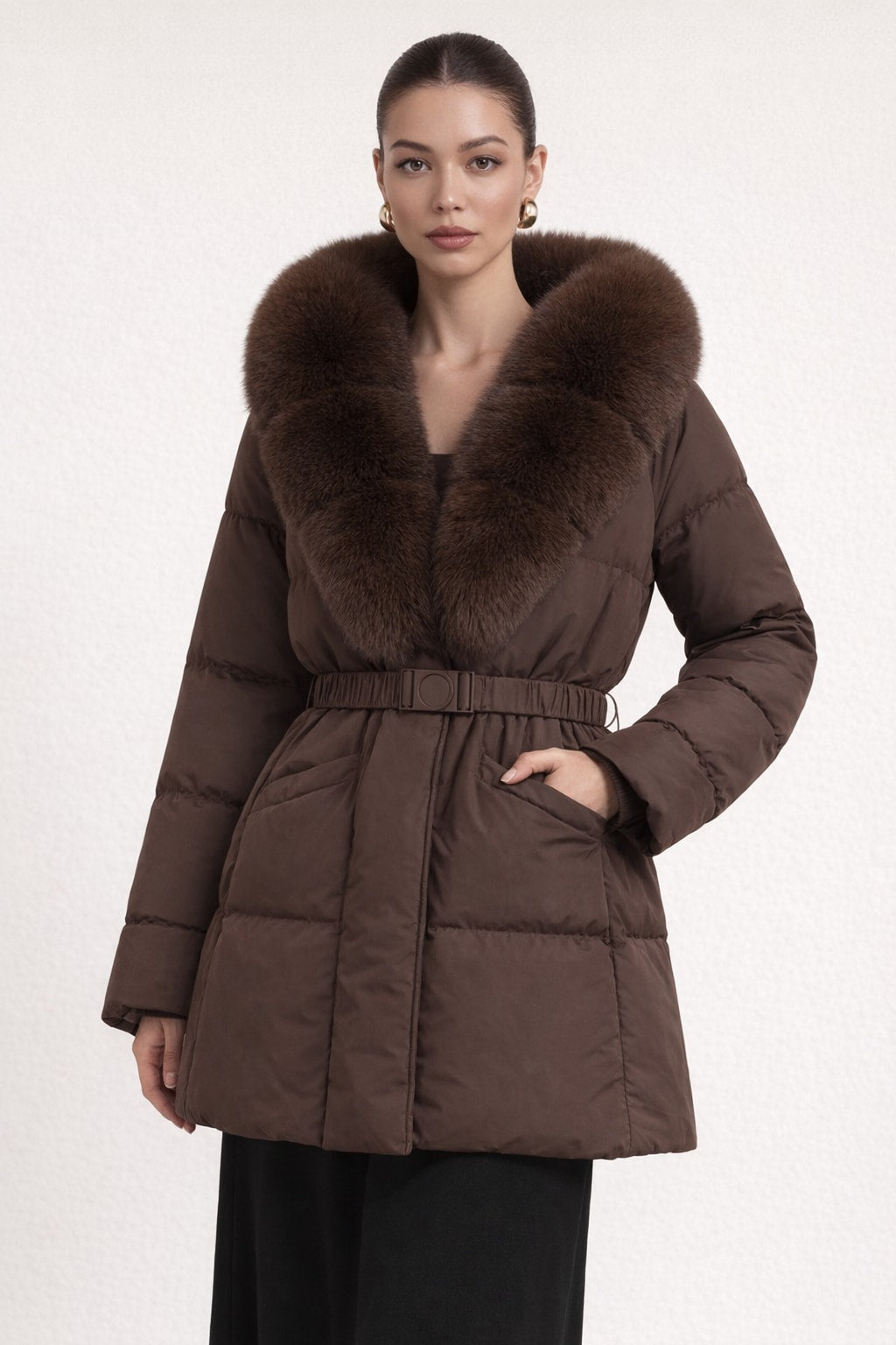 Cotton Mid-Length Jacket With Oversized Fur Collar - 2