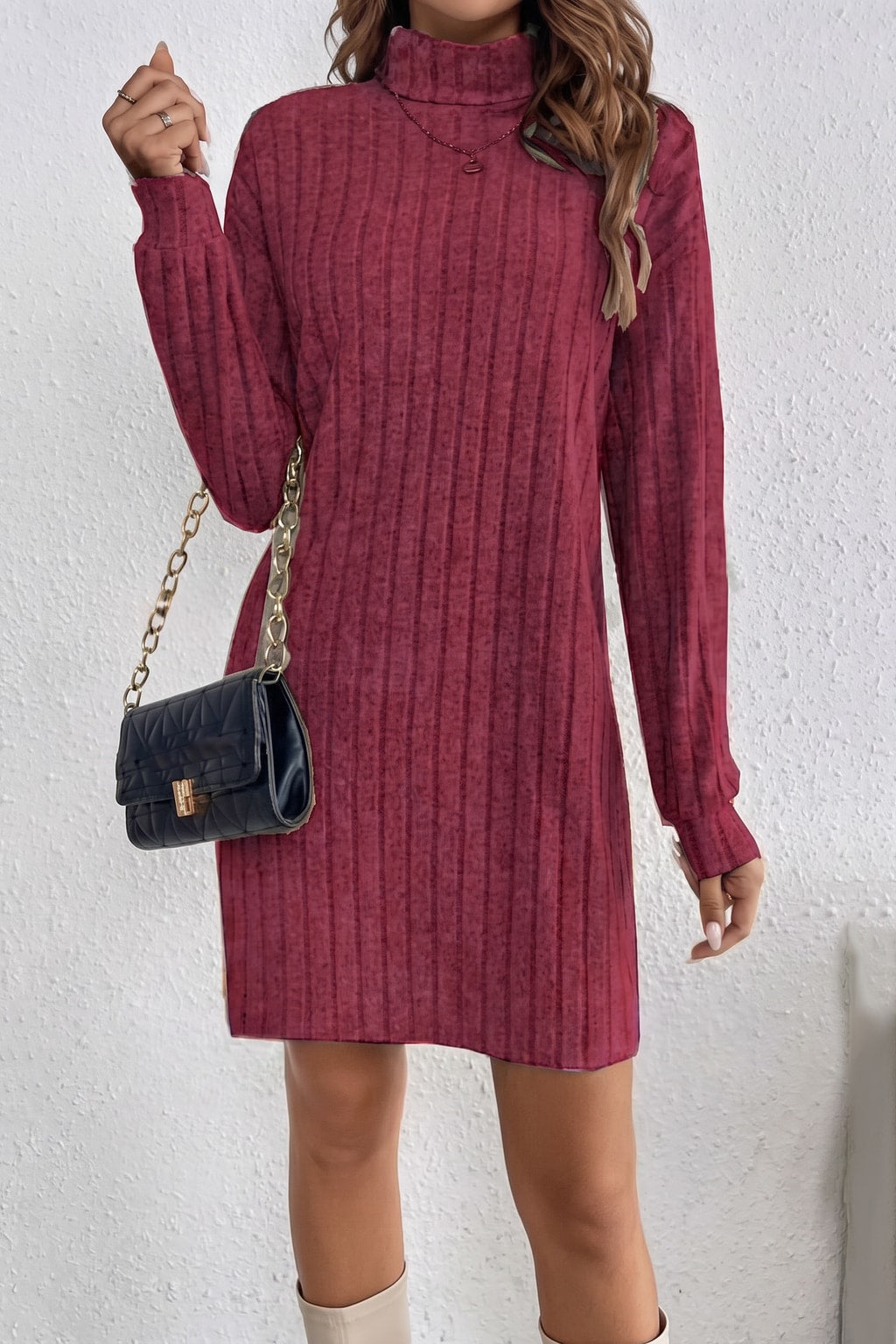 Ribbed Knit Turtleneck Dress - 4