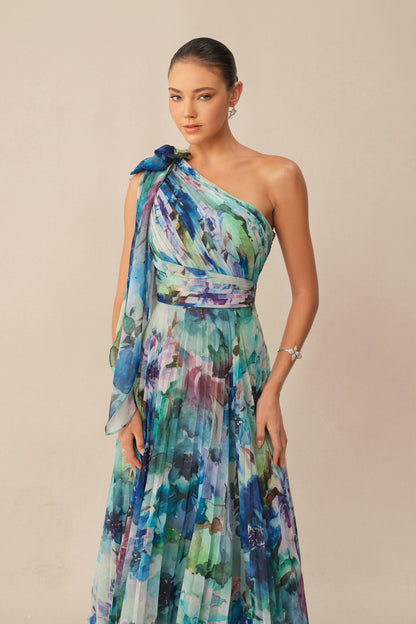 Blue One-Shoulder Pleated Chiffon Maxi Dress - view 3