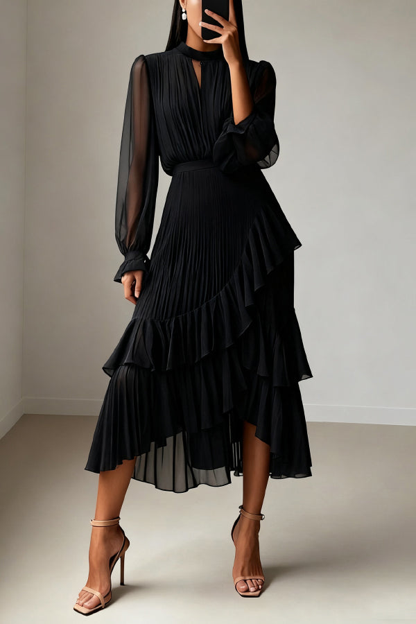 Long Sleeve Pleated Waist Midi Dress - view 3