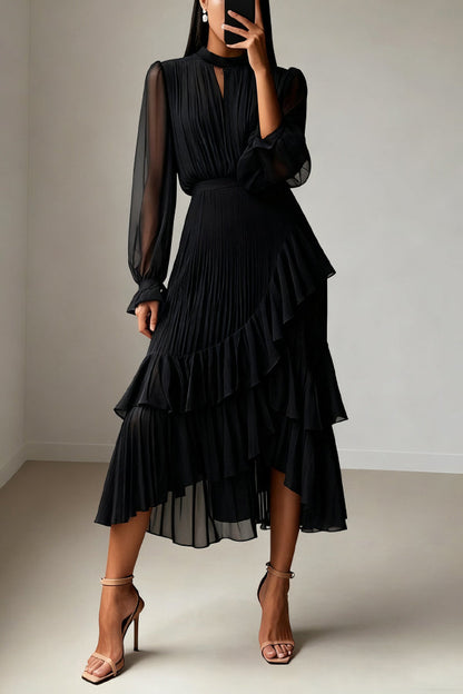Long Sleeve Pleated Waist Midi Dress - view 3