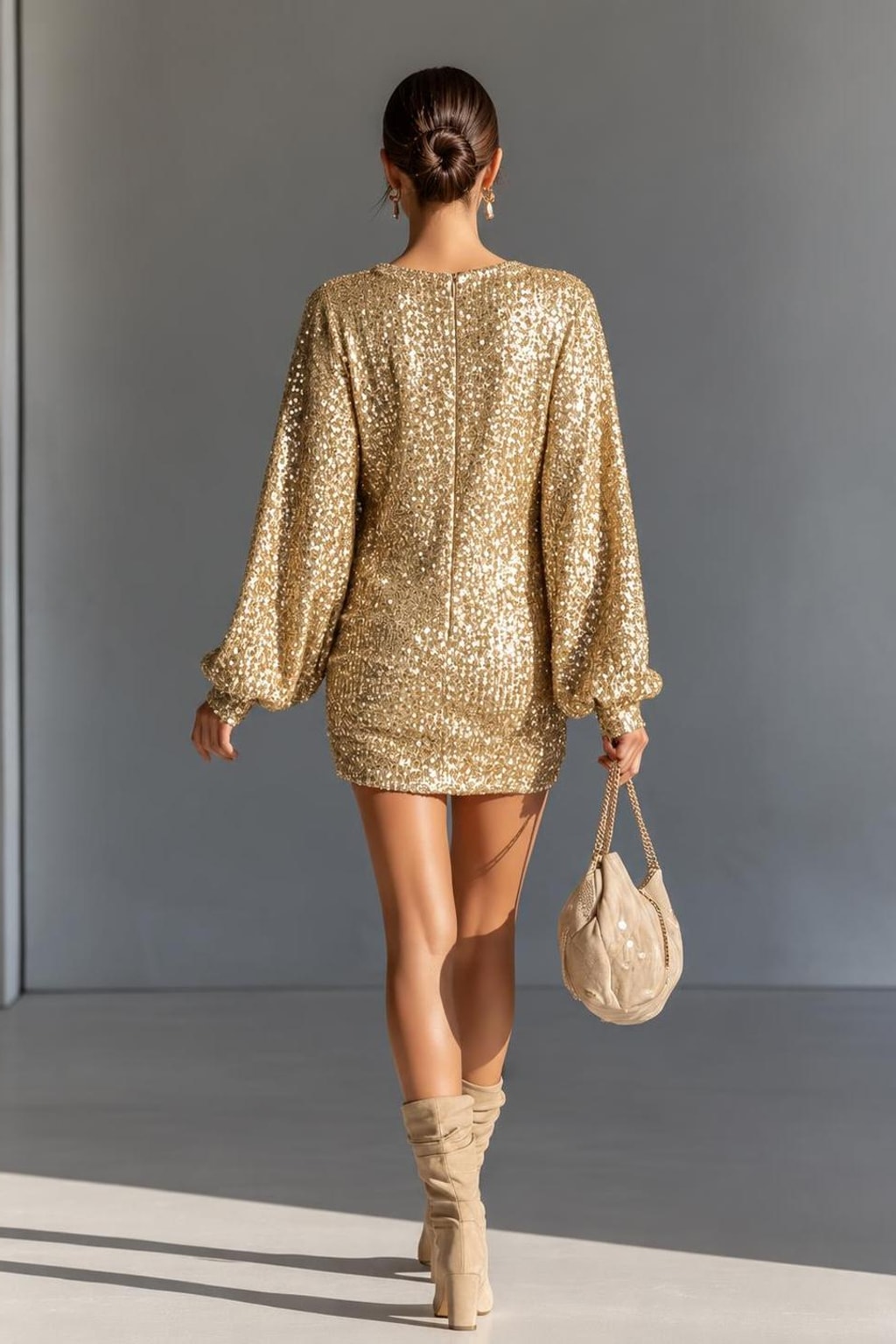 Sequin Long Sleeve Ruched Mini Dress - 4