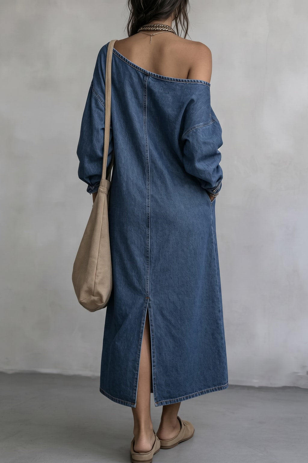 Denim Midi Dress With Off-Shoulder Neckline - 3