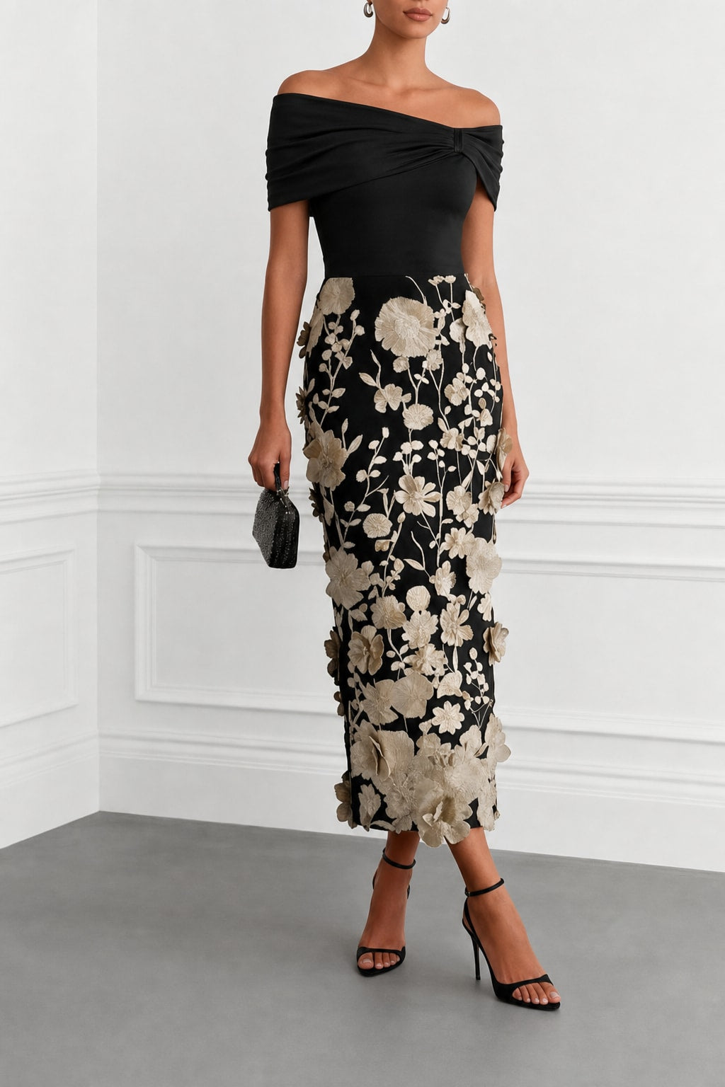 Black 3D Floral Applique Knit Off The Shoulder Short Sleeve Sheath Midi Dress - 3