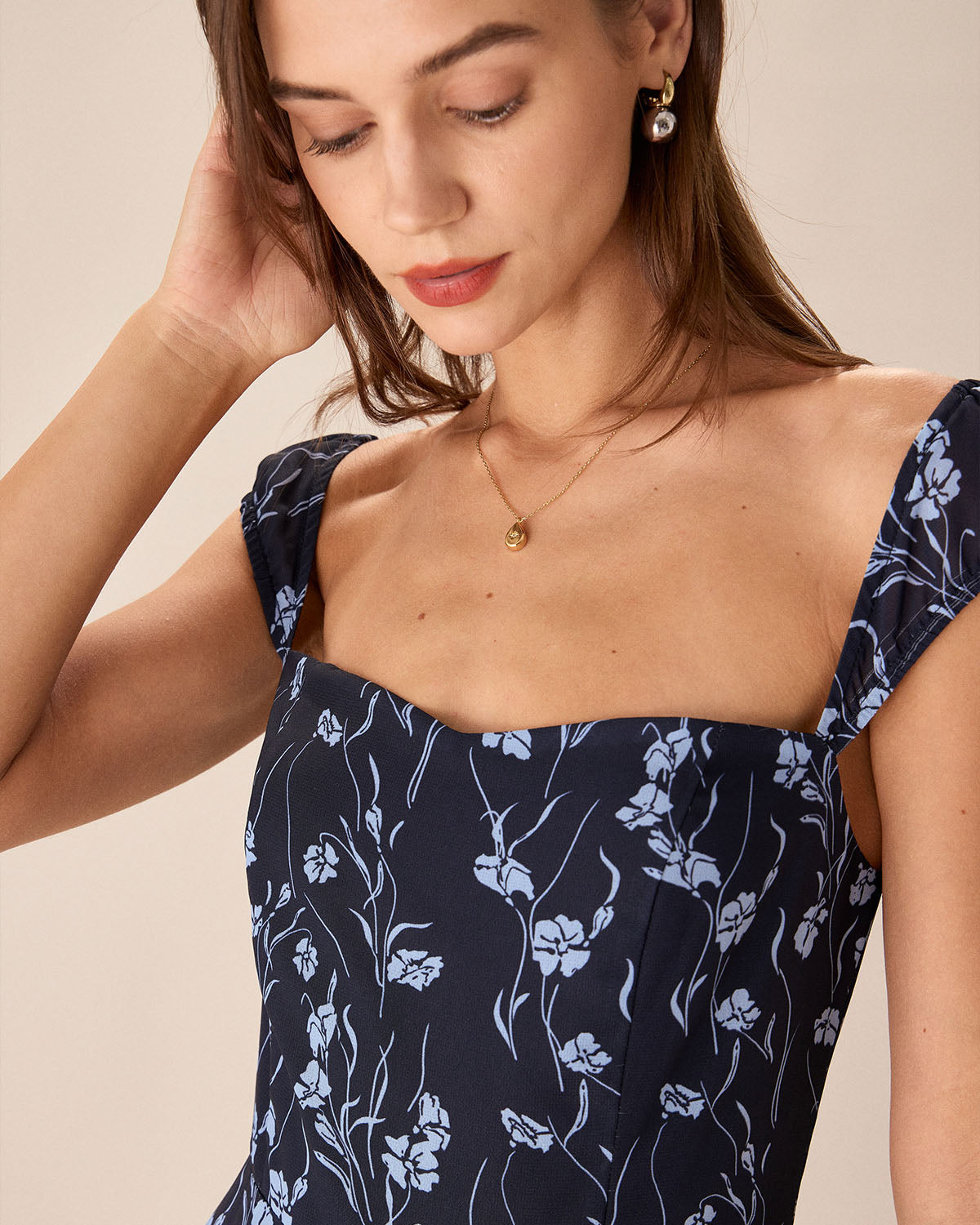 Navy Floral Sweetheart Neckline Midi Dress - view 3
