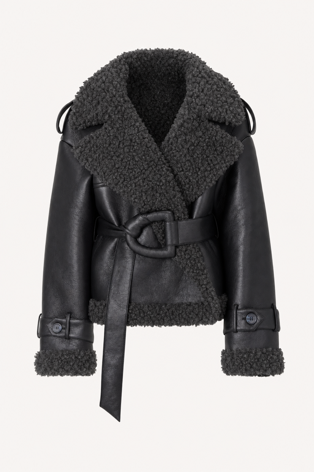 Shearling coat with adjustable waist belt
