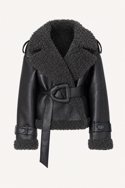 Shearling coat with adjustable waist belt