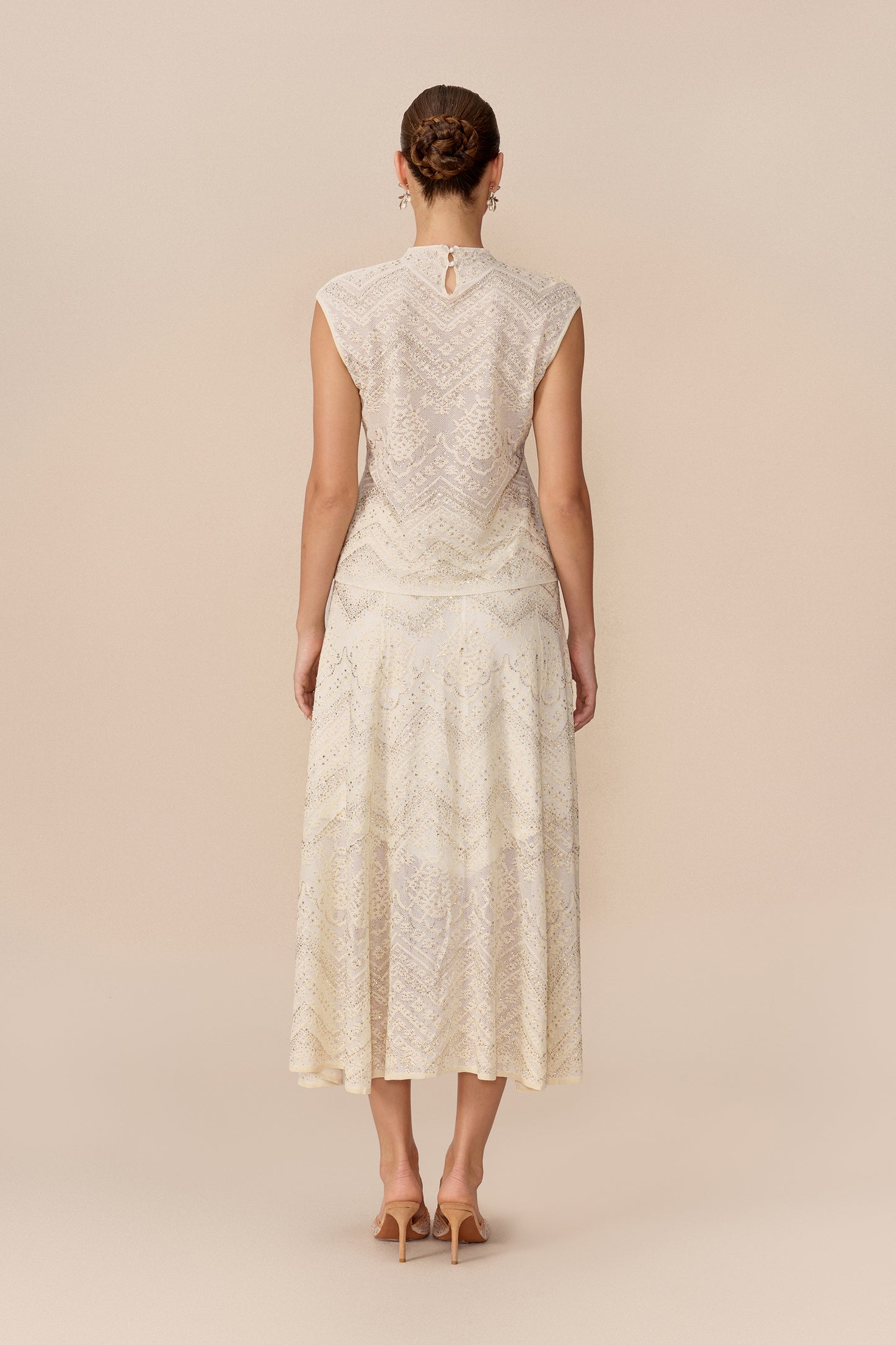 Lace Cropped Top and Flared Midi Skirt Set - view 4