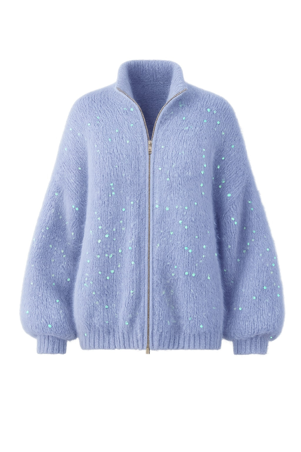 Knit Cardigan With High Neck And Balloon Sleeves - 1