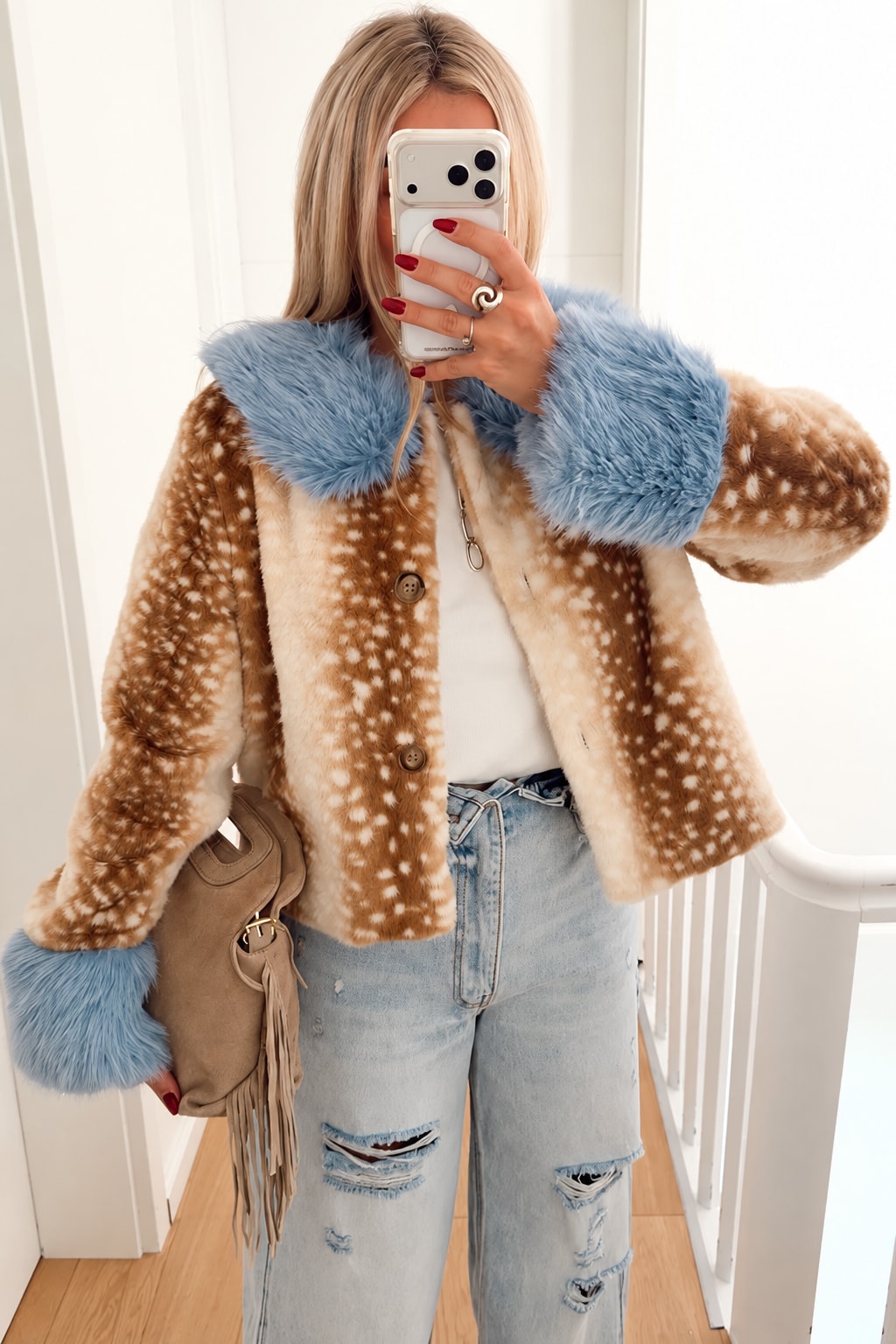 Faux Fur Coat Loose Faux Fur Collar Button Up - 2