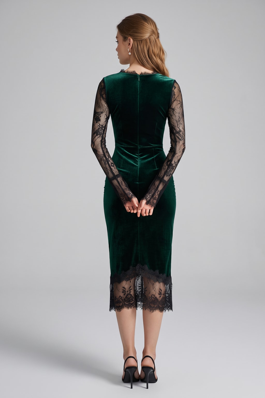 Velvet Midi Dress with Lace Long Sleeves - 5
