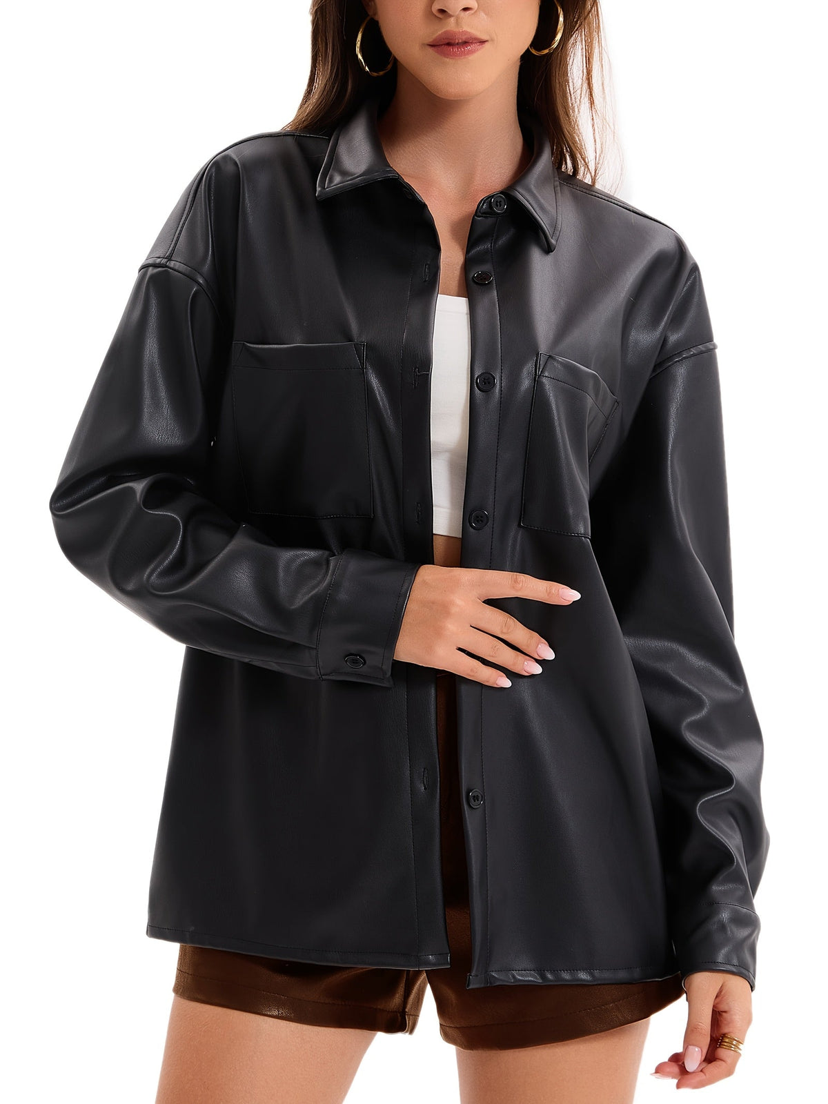Oversized Faux Leather Button-Front Jacket - view 2