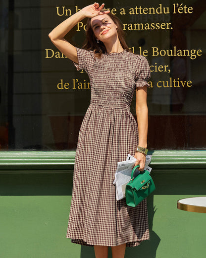 Plaid Puffed Sleeve Shirred Waist Midi Dress - view 5