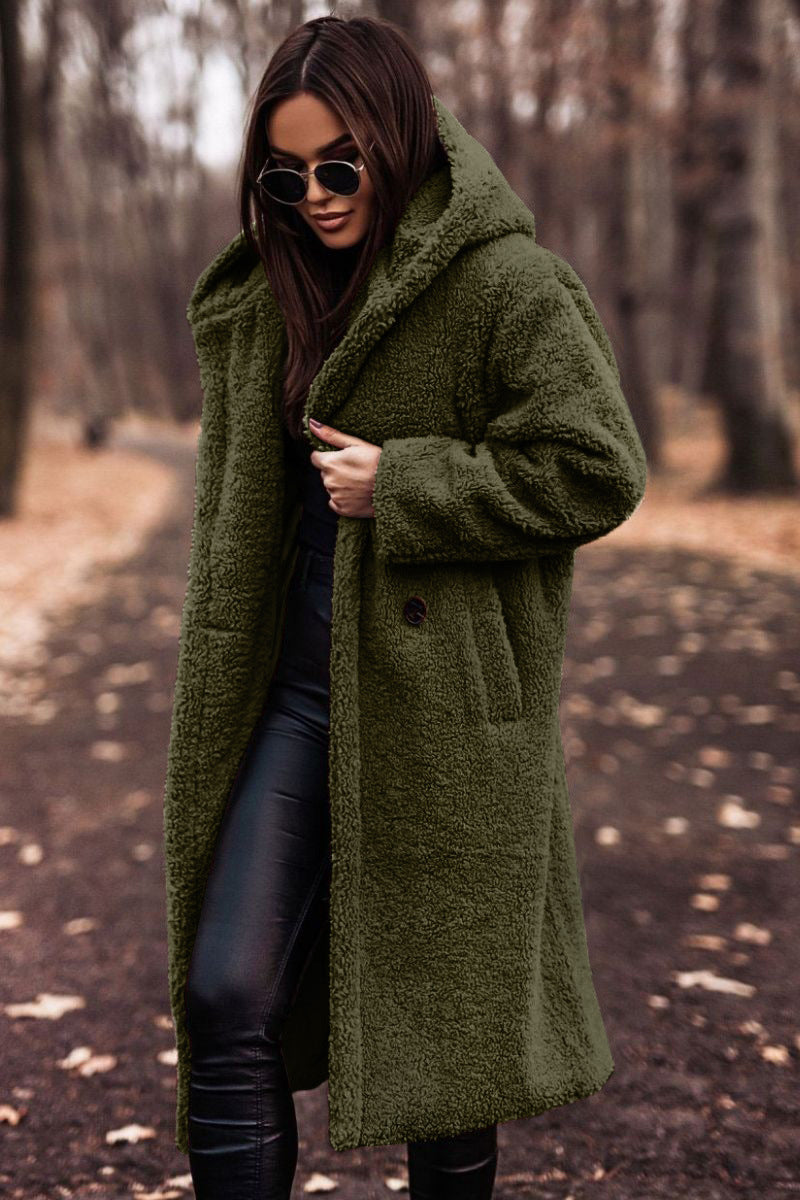 Long teddy wool coat with hood - view 3
