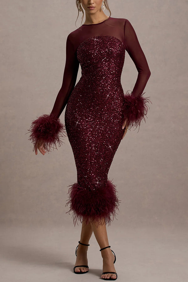 Sequin mesh midi dress with feather trim - view 2