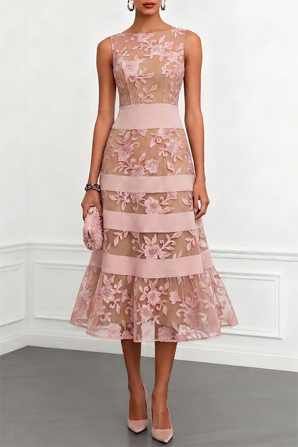 Colorblock Mesh Lace A-Line Midi Dress - view 3