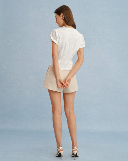 White V-neck puffed sleeve floral cotton tee - view 5