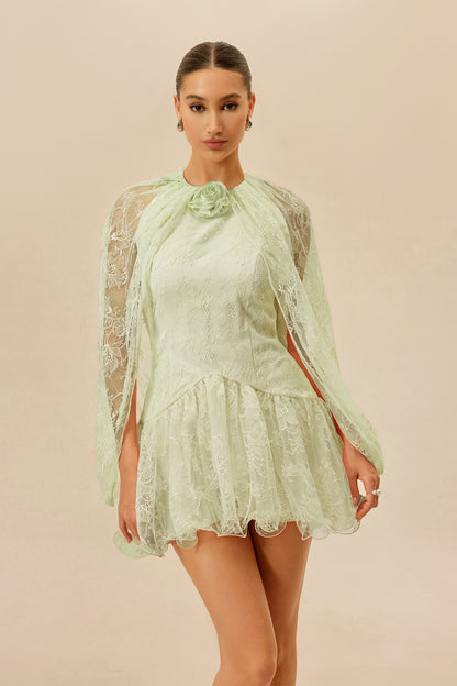 Light Green Lace Mini Dress with Cape Sleeves - view 5