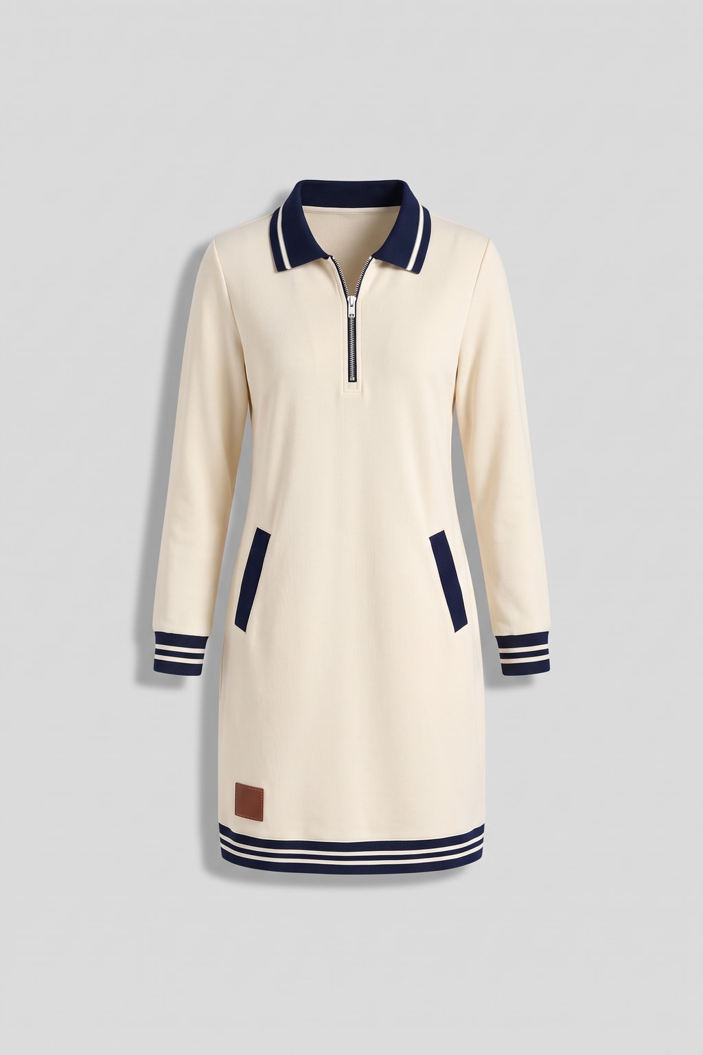 Polyester Half-Zip Polo Dress With Striped Trim - 1