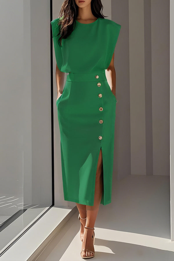 Sleeveless midi dress with button side slit - view 7