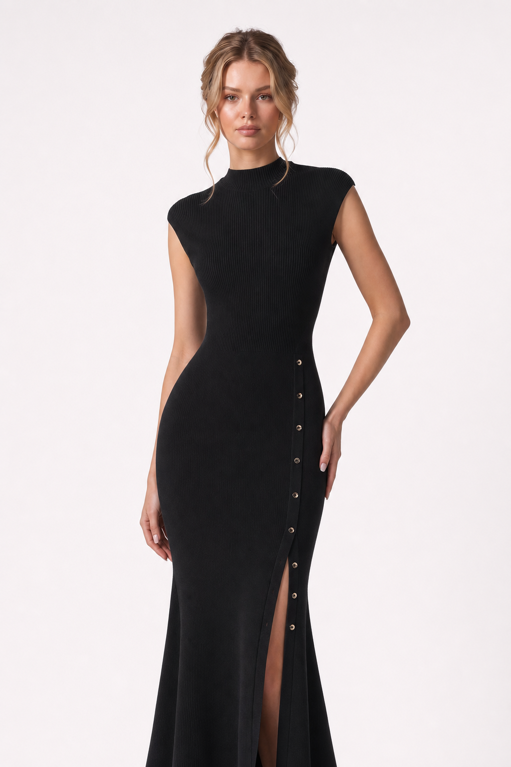 Rib knit maxi dress with cap sleeves and buttons - view 3