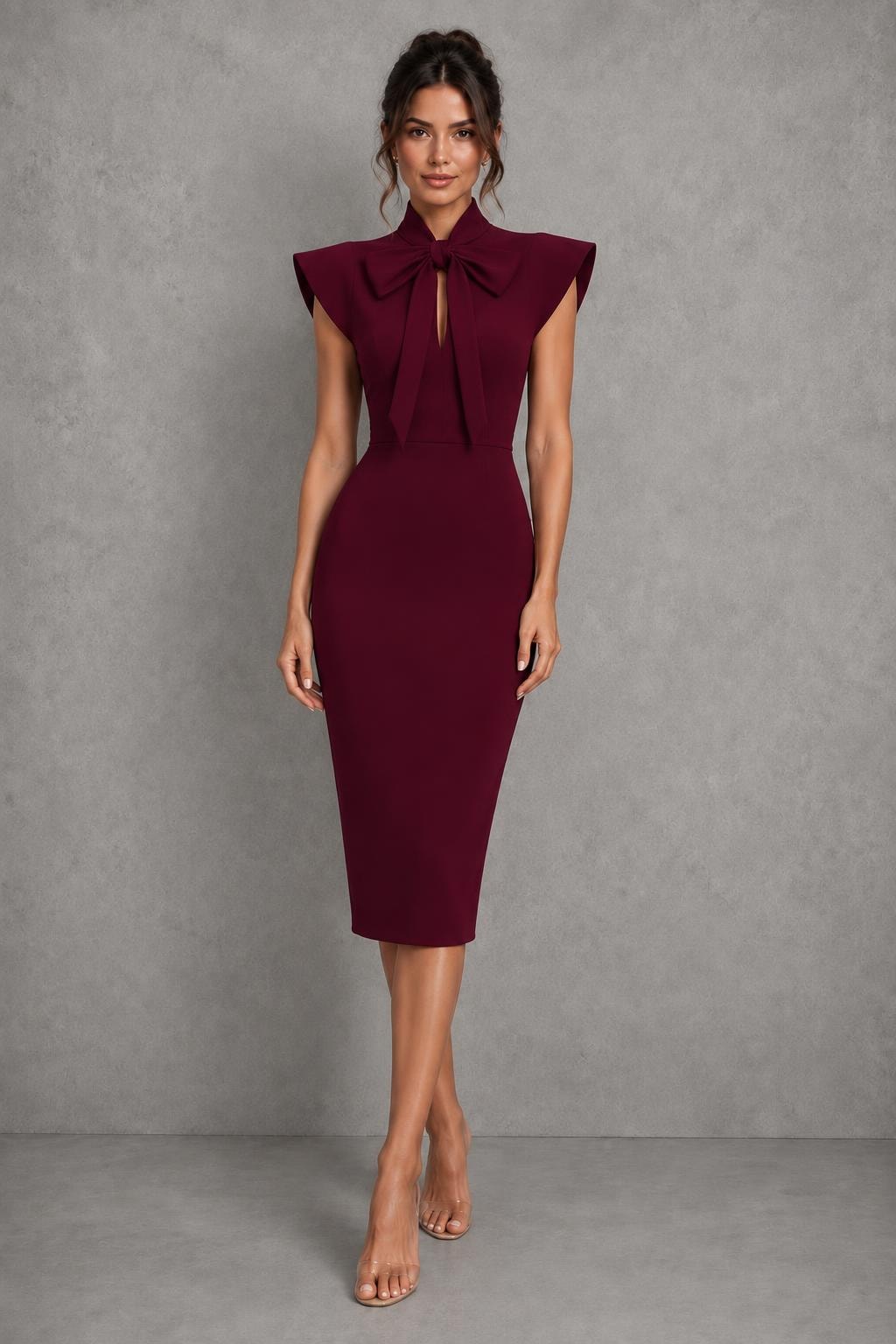 Lightweight Bow Tie Midi Dress With Stand Collar - 2