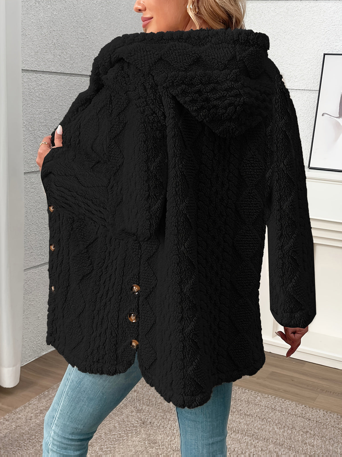 Black textured button front coat - view 3
