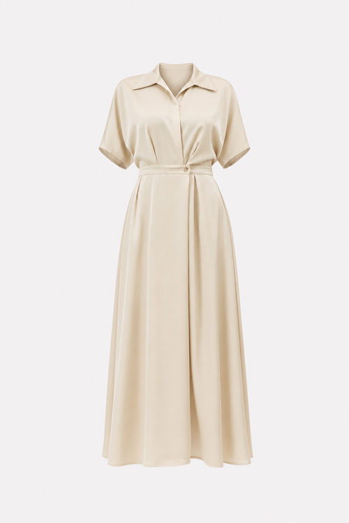 Beige shirt collar maxi dress with twist front
