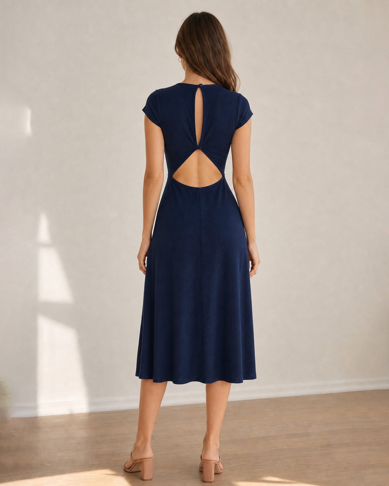 Navy Knit Backless A-Line Midi Dress - view 4