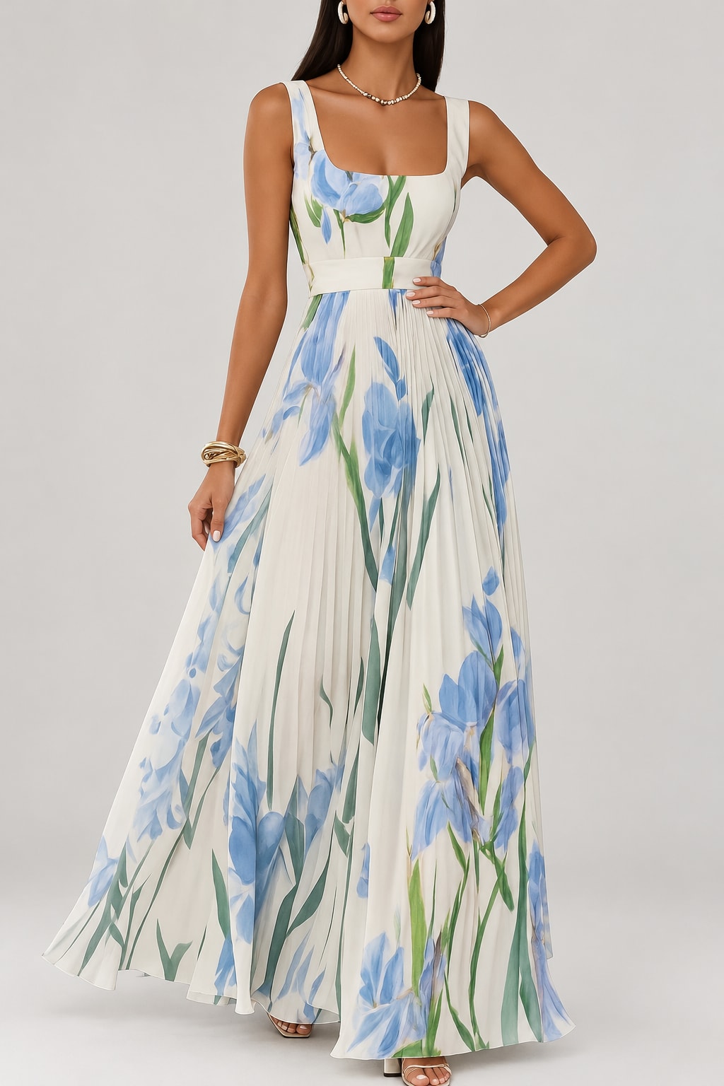Floral Pleated Midi Dress with Square Neck - 3