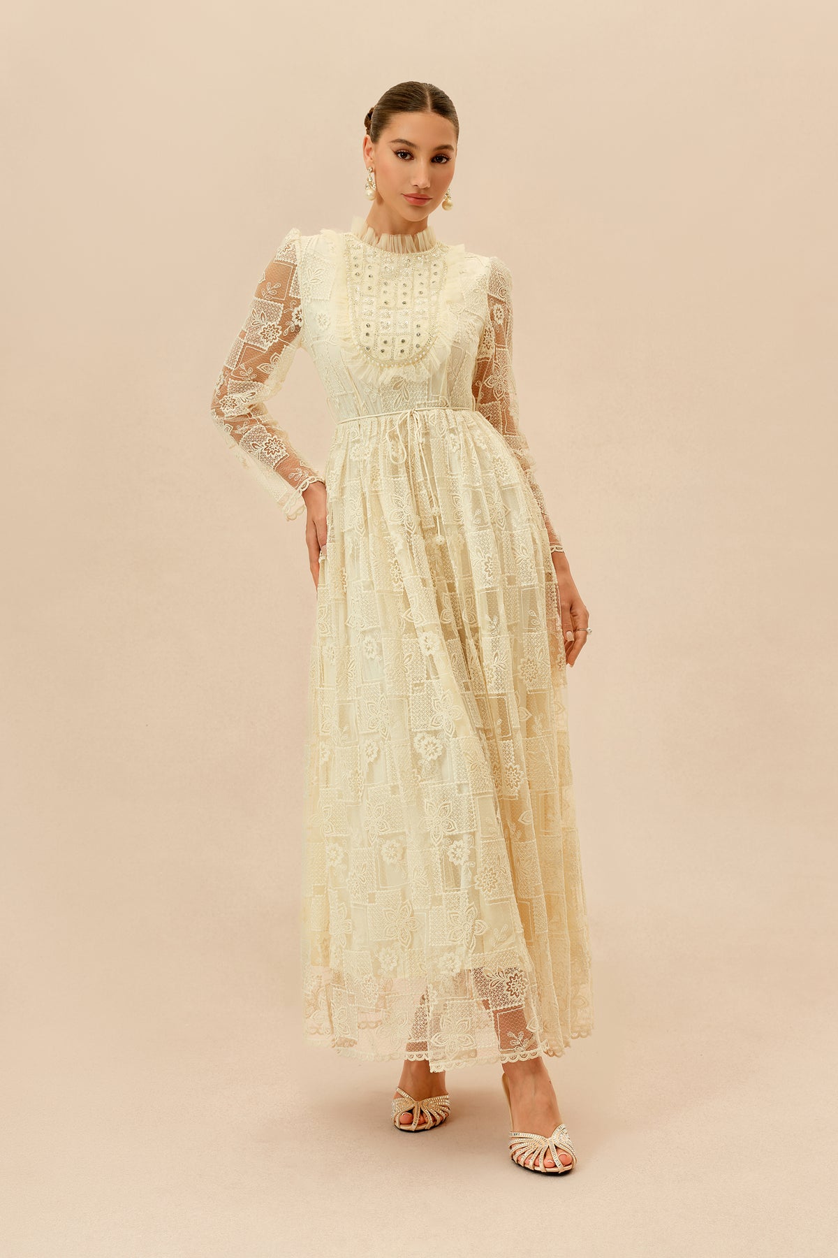 Beige Floral Lace Maxi Dress, Drawstring Waist - view 2