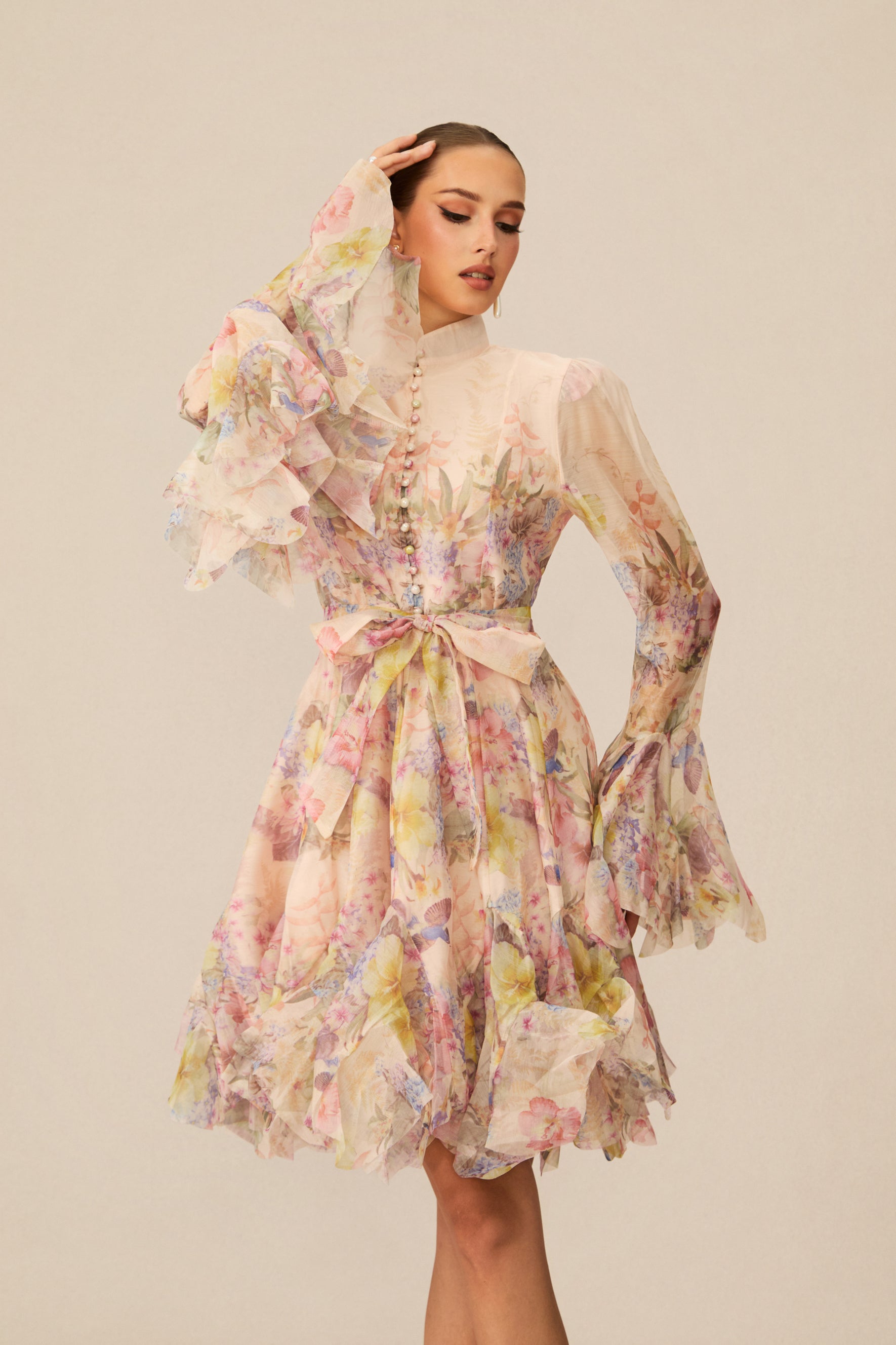 Floral Flared Mini Dress with Detachable Belt - view 3
