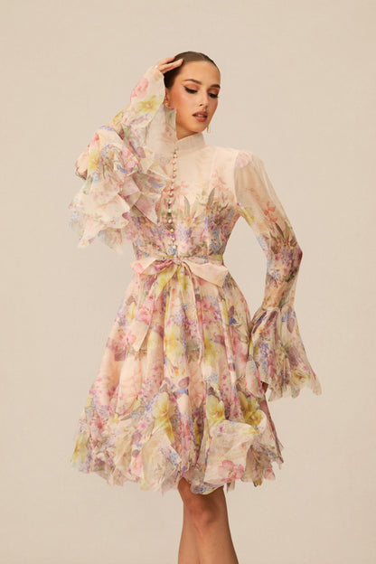 Floral Flared Mini Dress with Detachable Belt - view 3