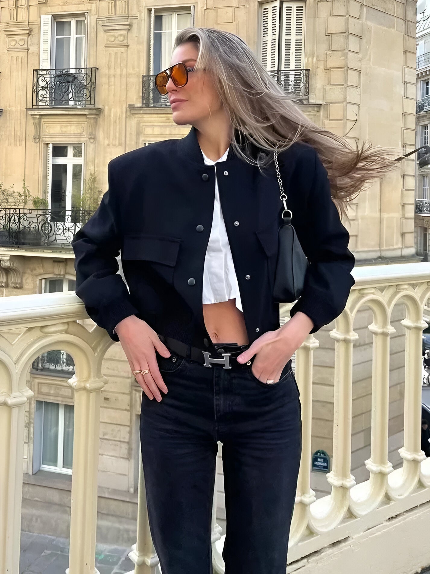 Cropped woven bomber jacket with rib-knit trim - view 4