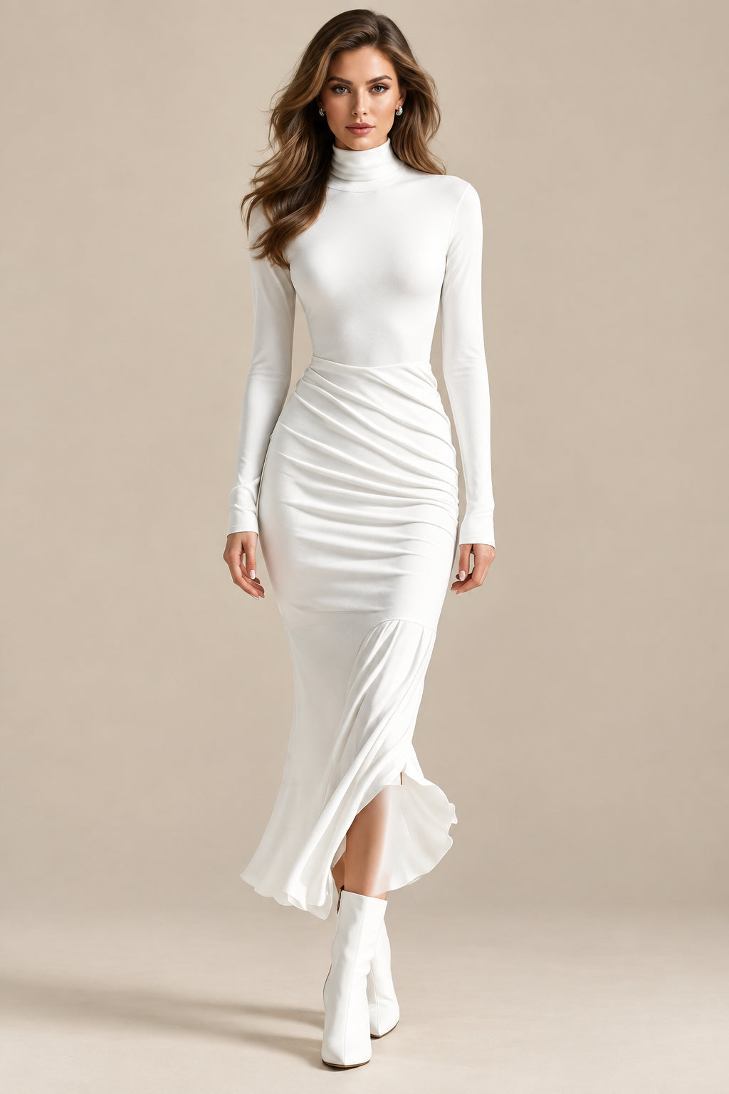 Polyester Maxi Dress With Ruched Turtleneck - 5
