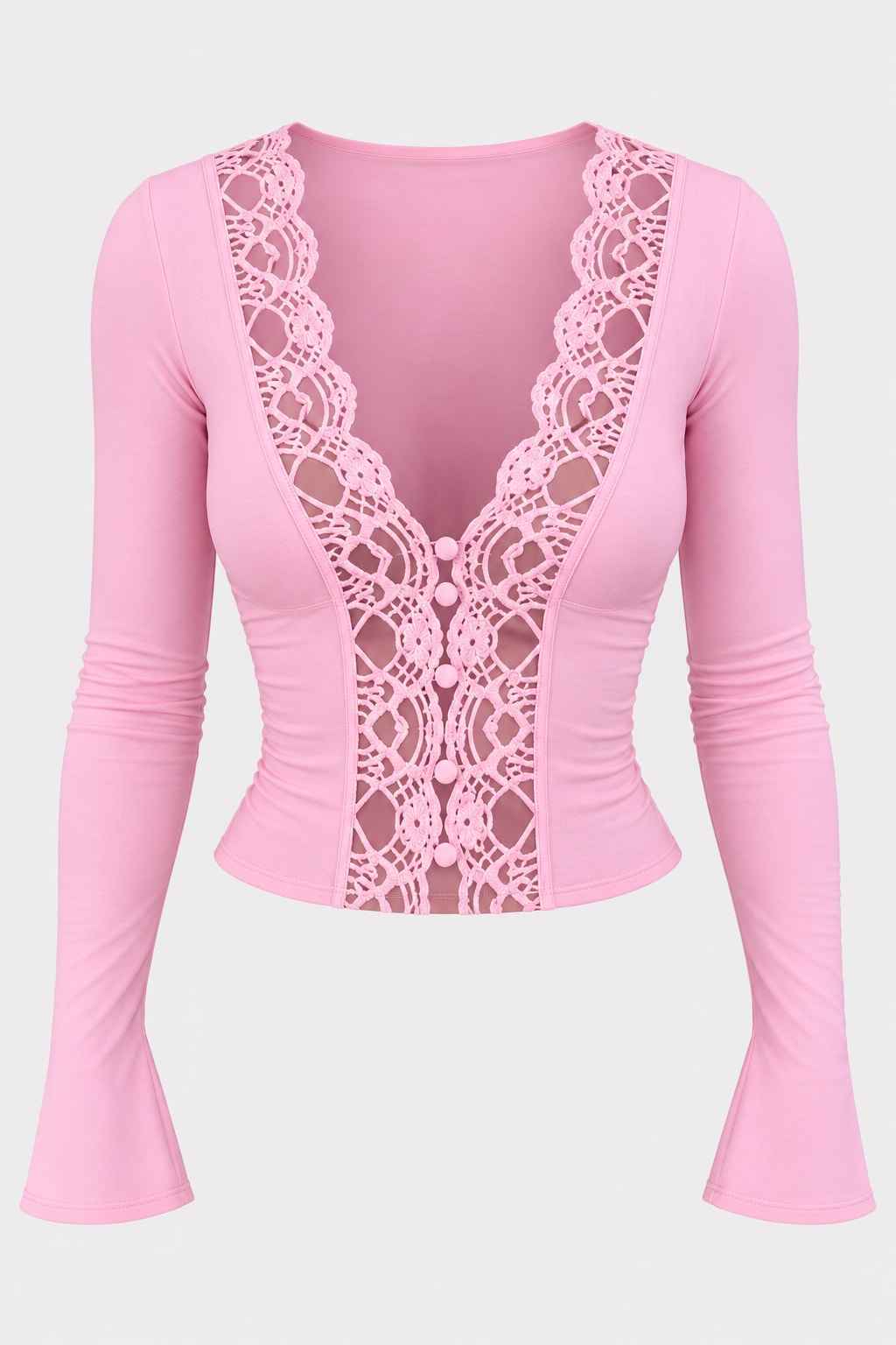 Lace Trim Cropped Top With V-Neck And Long Sleeves - 1