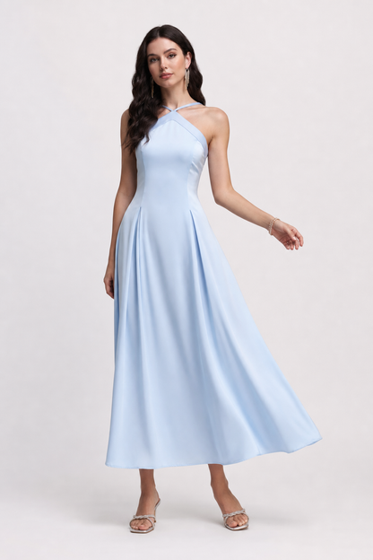 Blue Halter Satin Maxi Dress - view 2