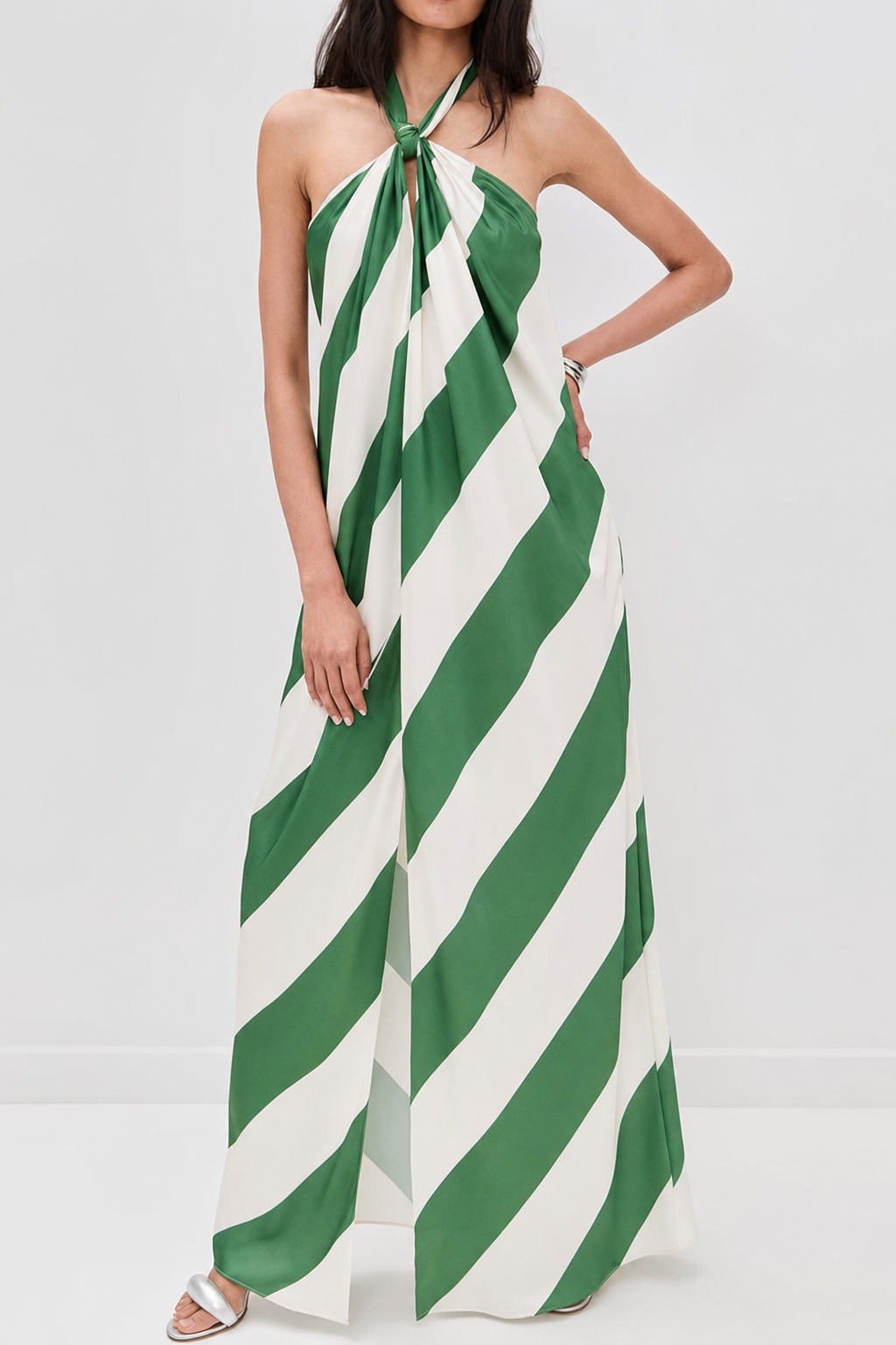 Green striped halter tie-up maxi dress with pockets - view 3