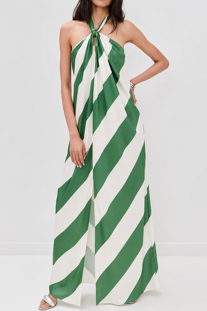 Green striped halter tie-up maxi dress with pockets - view 3