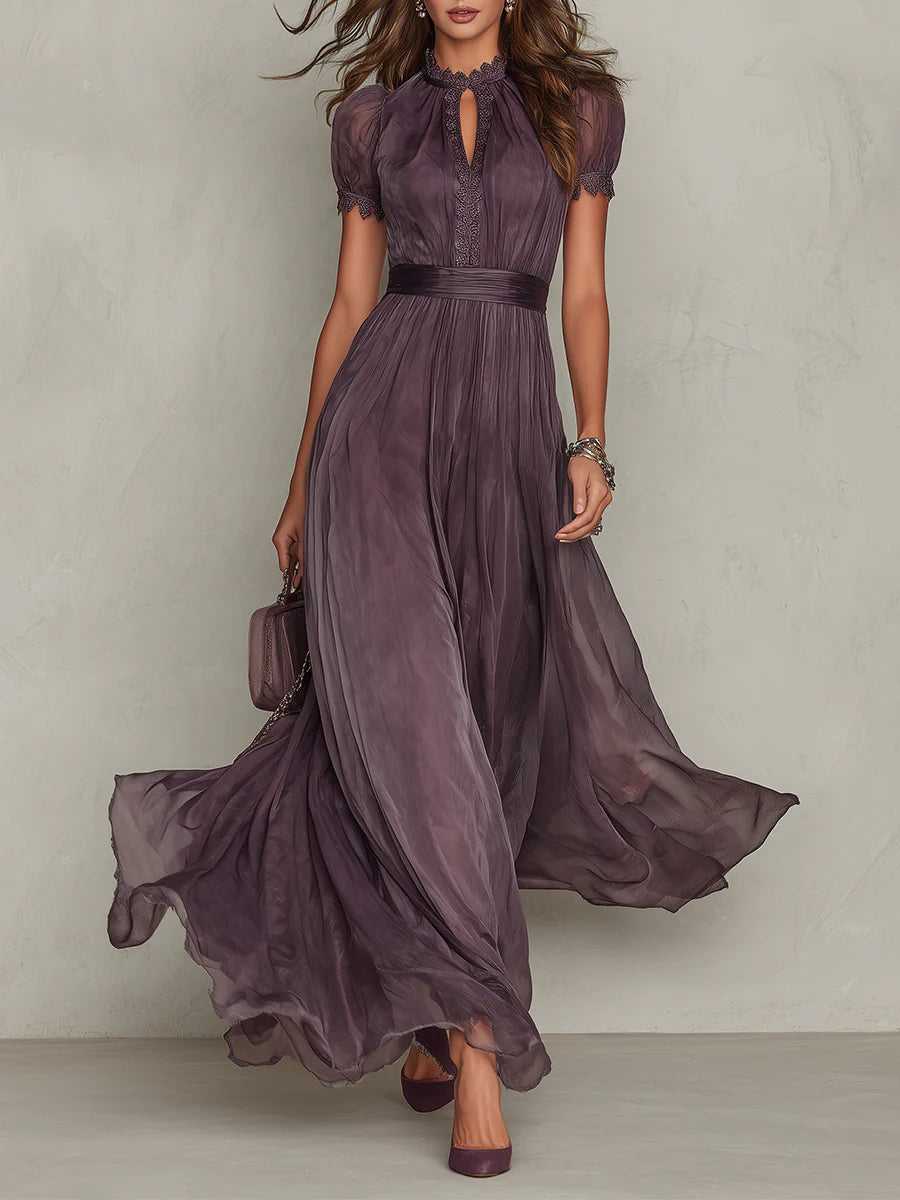 Purple Chiffon Maxi Dress with Lace Trim - view 2