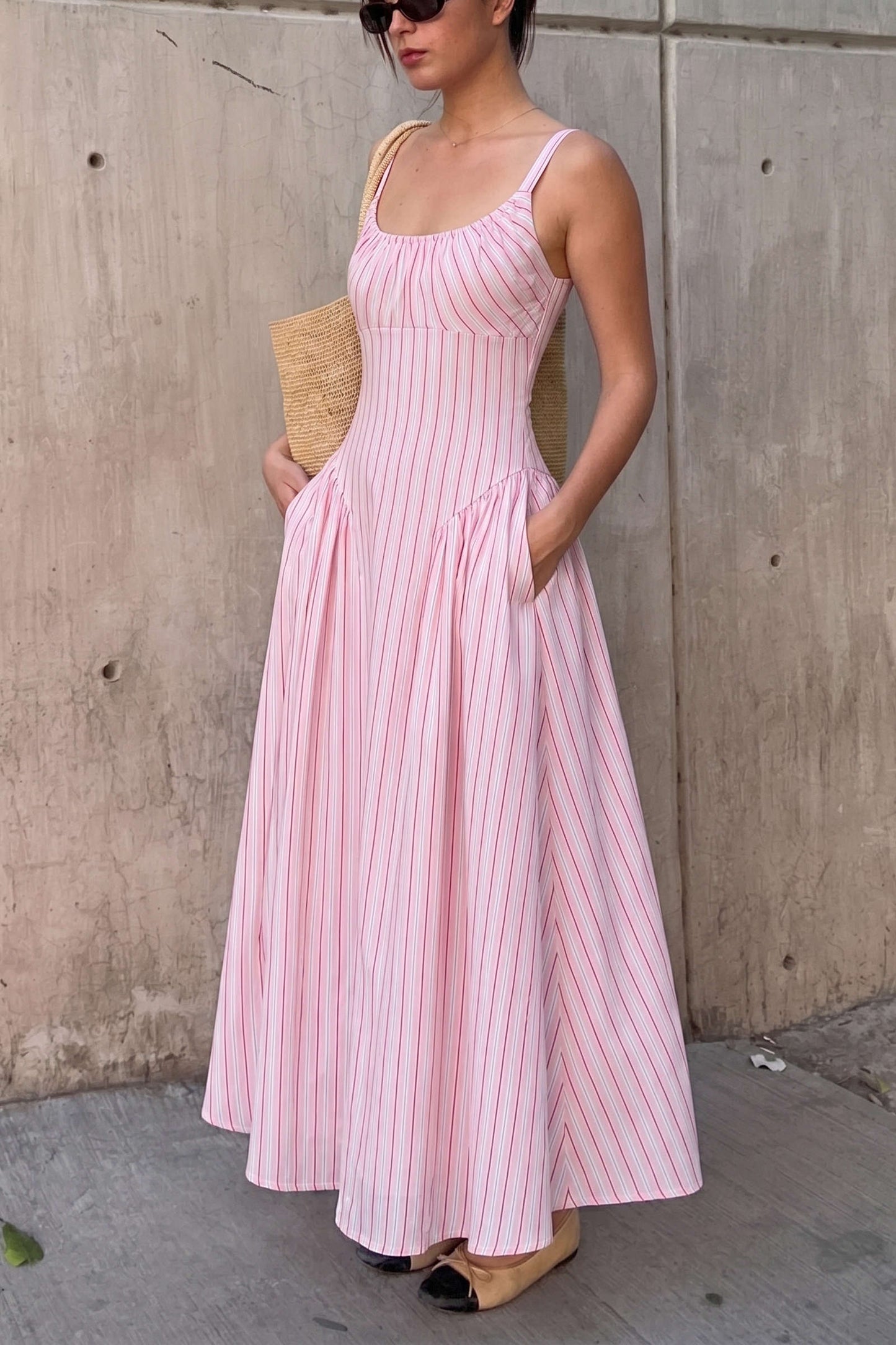Striped sleeveless maxi dress with side pockets - view 2