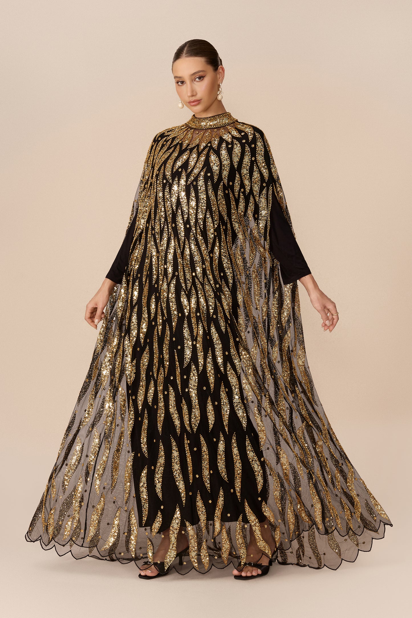 Black sequin embroidery cape-sleeve maxi dress - view 2