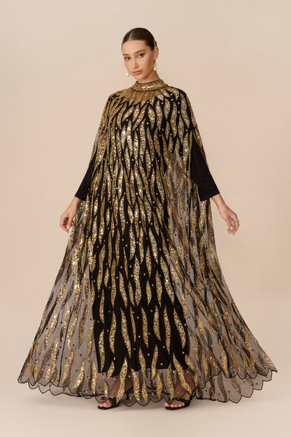 Black sequin embroidery cape-sleeve maxi dress - view 2
