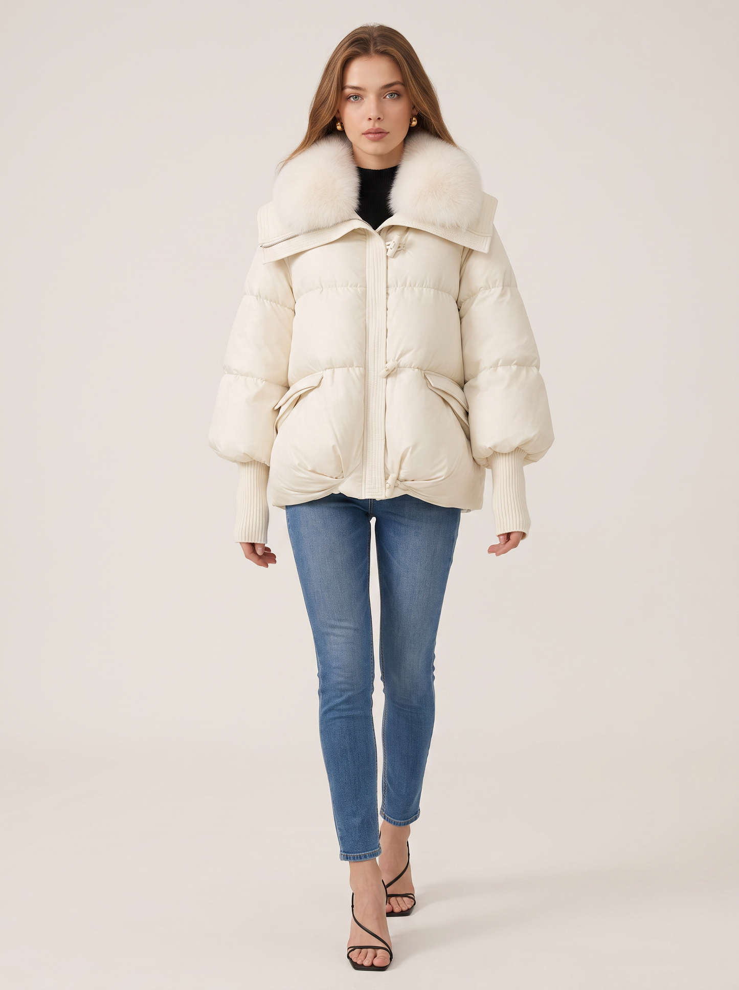 Faux fur collar quilted puffer jacket with hood - view 3