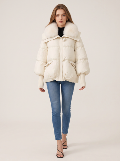 Faux fur collar quilted puffer jacket with hood - view 3