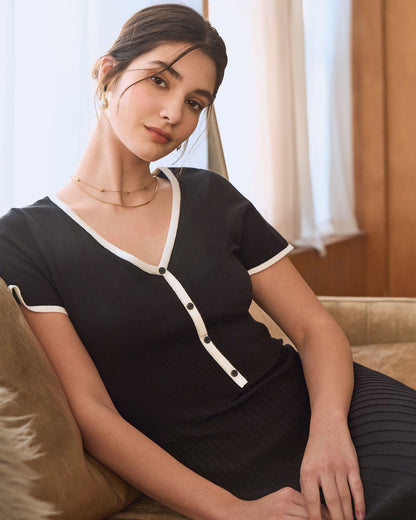 Black Contrast Knit Midi Dress, A-Line - view 4