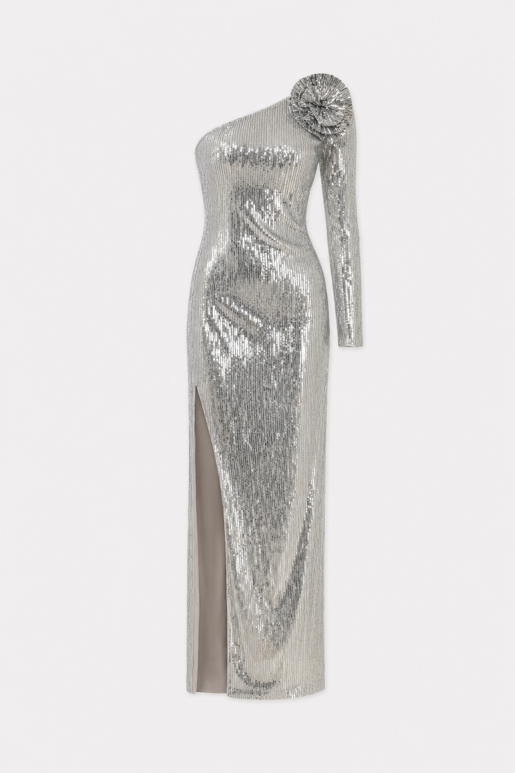 Sequin one-shoulder maxi dress with 3D floral