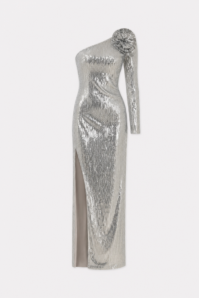 Sequin one-shoulder maxi dress with 3D floral