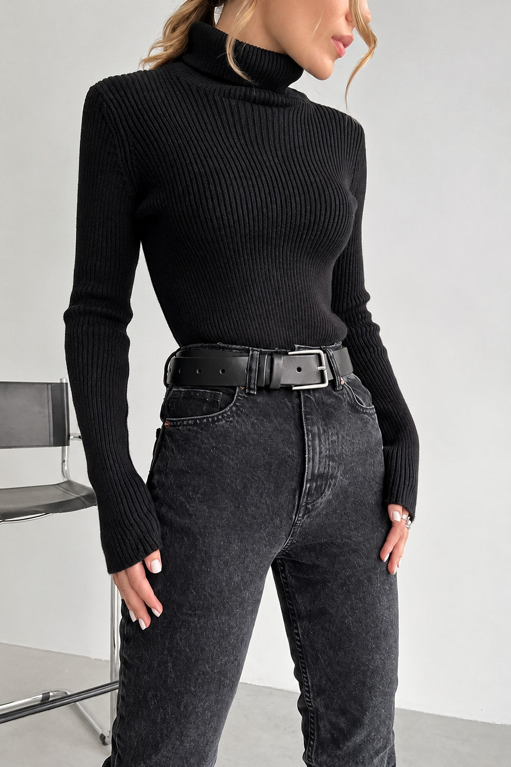 Knit Sweater Turtleneck Ribbed Black - 3