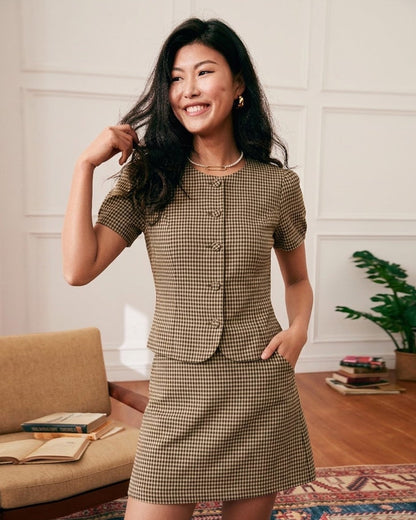 Plaid Puffed Sleeve Tie-Neck Blouse - view 2